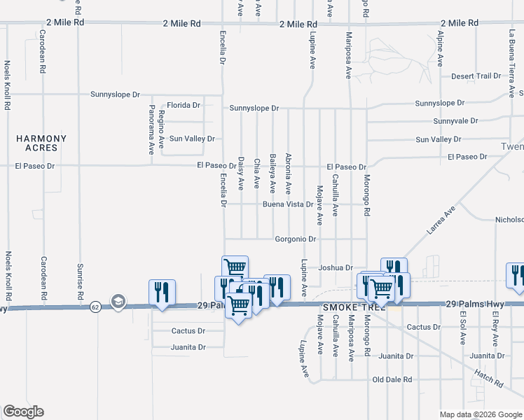 map of restaurants, bars, coffee shops, grocery stores, and more near 6246 Baileya Avenue in Twentynine Palms