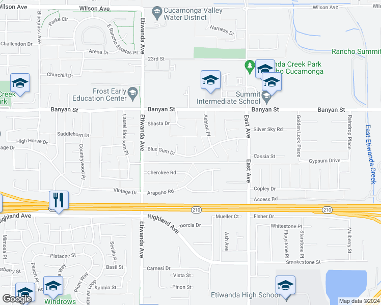 map of restaurants, bars, coffee shops, grocery stores, and more near 6264 Shore Pine Court in Rancho Cucamonga