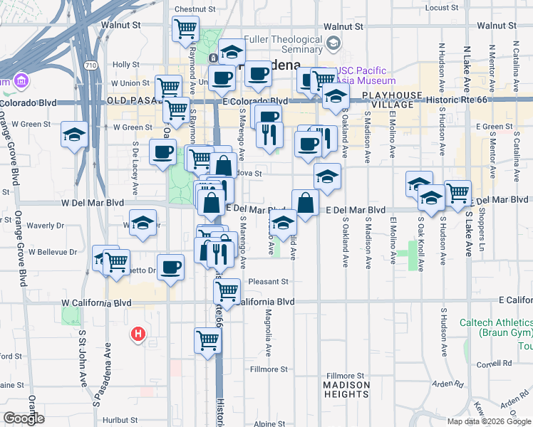 map of restaurants, bars, coffee shops, grocery stores, and more near 284 East Del Mar Boulevard in Pasadena