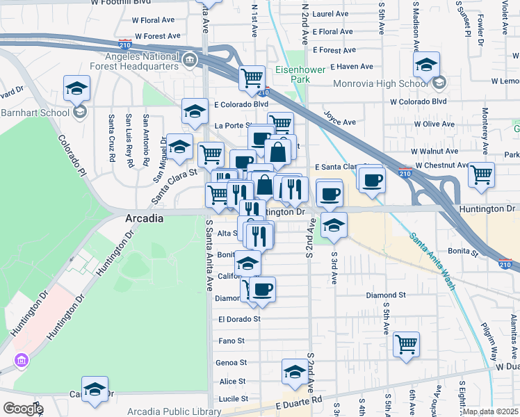 map of restaurants, bars, coffee shops, grocery stores, and more near 101 East Huntington Drive in Arcadia