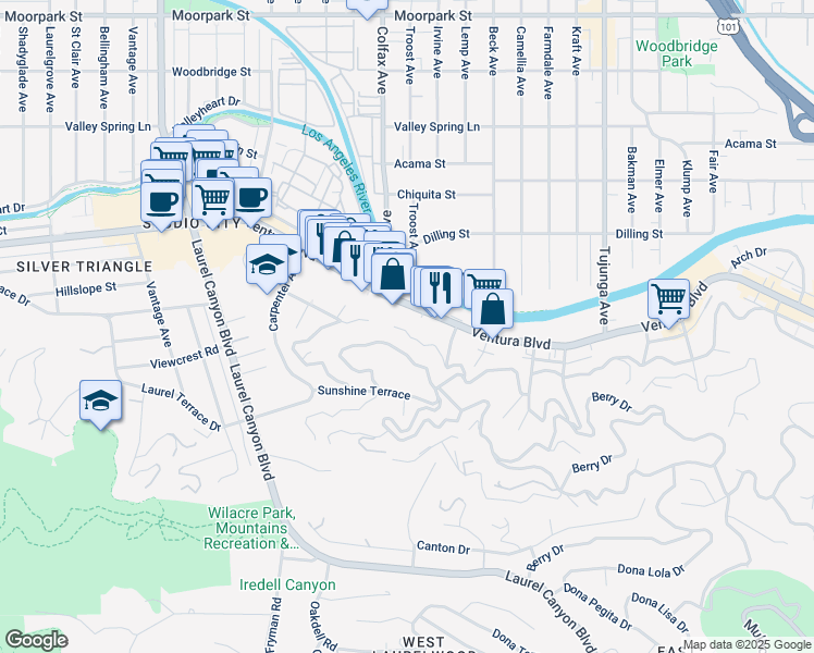 map of restaurants, bars, coffee shops, grocery stores, and more near 11689 Picturesque Drive in Los Angeles