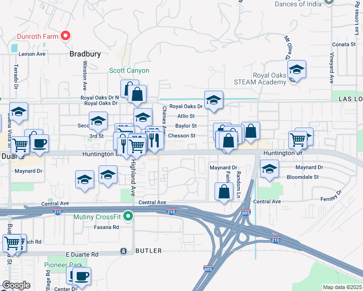 map of restaurants, bars, coffee shops, grocery stores, and more near 1937 Huntington Drive in Duarte