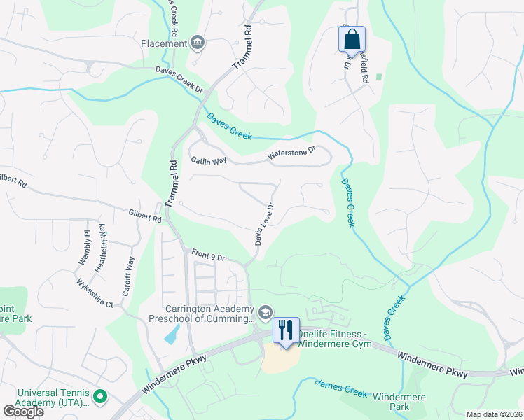 map of restaurants, bars, coffee shops, grocery stores, and more near 5503 Kingsley Manor in Cumming
