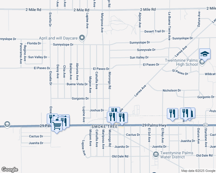 map of restaurants, bars, coffee shops, grocery stores, and more near 6216 Morongo Road in Twentynine Palms