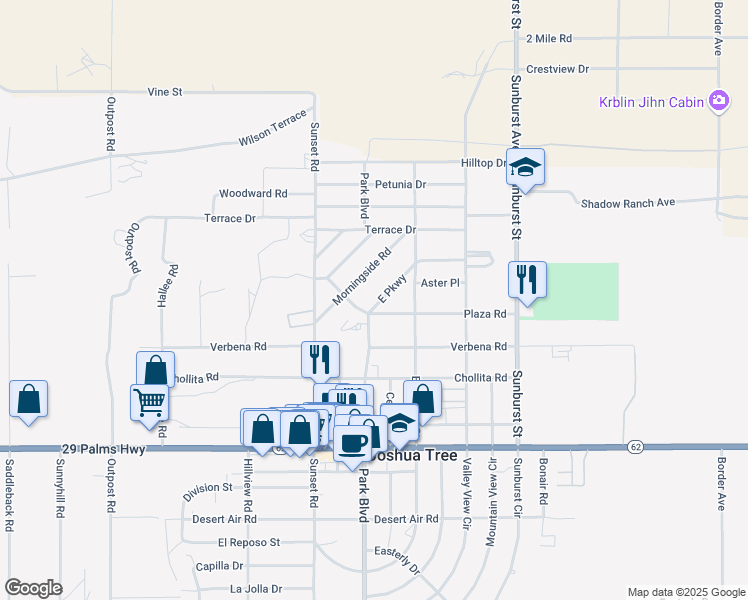 map of restaurants, bars, coffee shops, grocery stores, and more near East Parkway in Joshua Tree
