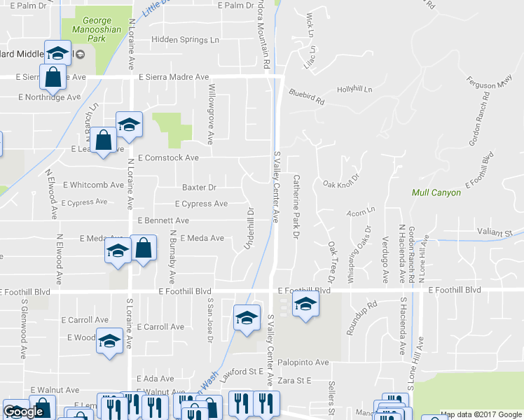 map of restaurants, bars, coffee shops, grocery stores, and more near 1449 East Bennett Avenue in Glendora
