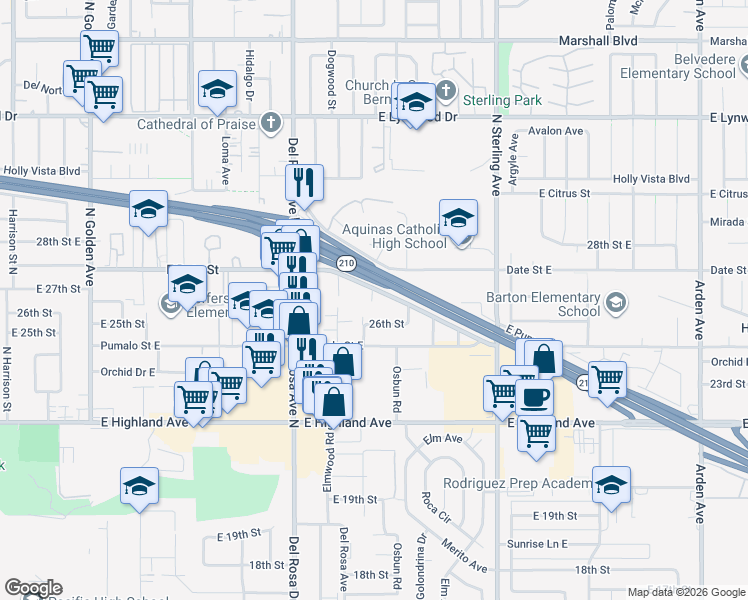 map of restaurants, bars, coffee shops, grocery stores, and more near 3963 Chiquita Lane in San Bernardino