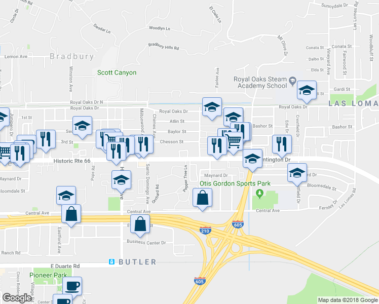 map of restaurants, bars, coffee shops, grocery stores, and more near 2045 Windsor Circle in Duarte