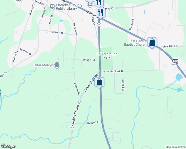 map of restaurants, bars, coffee shops, grocery stores, and more near 9175 Hokes Bluff Road in Centre