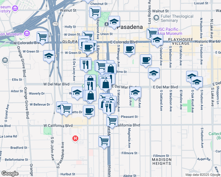 map of restaurants, bars, coffee shops, grocery stores, and more near 320 South Arroyo Parkway in Pasadena