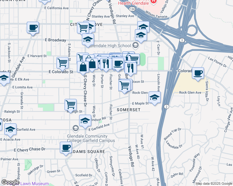 map of restaurants, bars, coffee shops, grocery stores, and more near 513 Griswold Street in Glendale