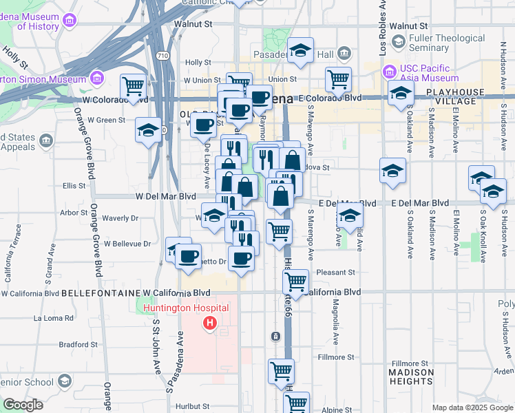 map of restaurants, bars, coffee shops, grocery stores, and more near 309 South Raymond Avenue in Pasadena