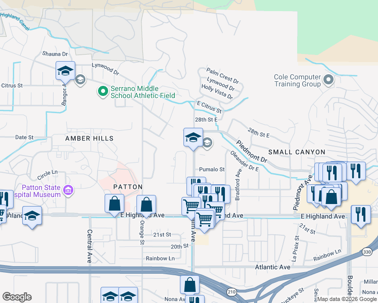 map of restaurants, bars, coffee shops, grocery stores, and more near 2579 Spring Meadow Lane in Highland