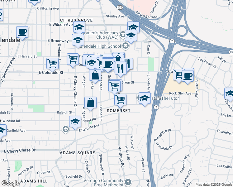 map of restaurants, bars, coffee shops, grocery stores, and more near 511 South Verdugo Road in Glendale