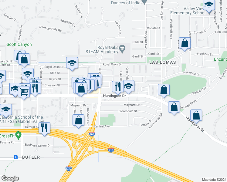 map of restaurants, bars, coffee shops, grocery stores, and more near 1130 Ohio Way in Duarte
