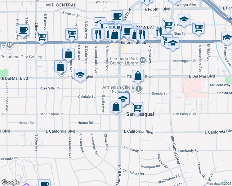 map of restaurants, bars, coffee shops, grocery stores, and more near 2321 Oakdale Street in Pasadena