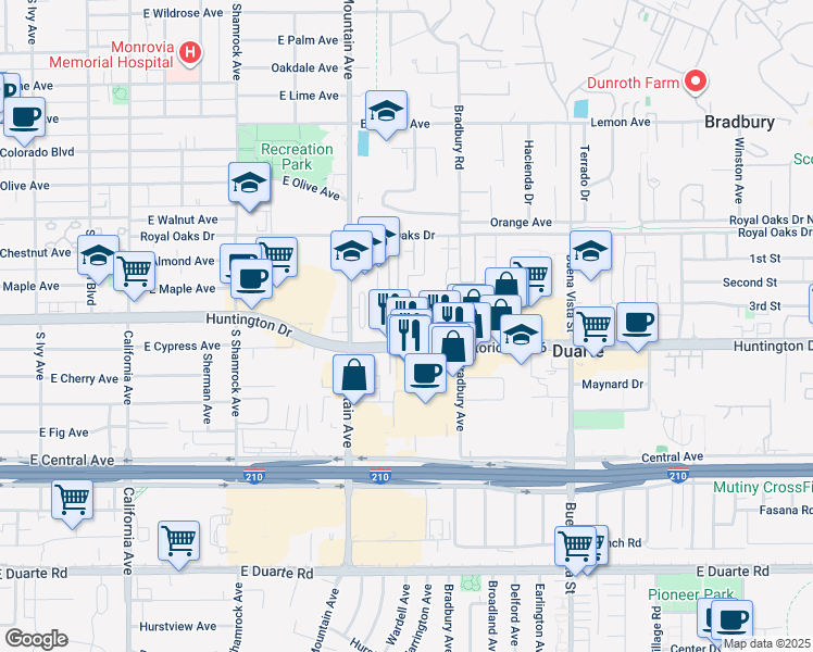 map of restaurants, bars, coffee shops, grocery stores, and more near 1035 East Huntington Drive in Monrovia