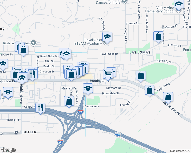 map of restaurants, bars, coffee shops, grocery stores, and more near 1120 Columbia Trail in Duarte