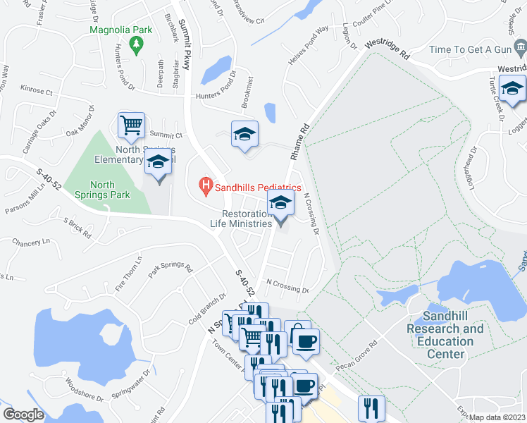 map of restaurants, bars, coffee shops, grocery stores, and more near 105 Summit Square in Columbia