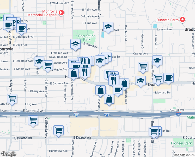map of restaurants, bars, coffee shops, grocery stores, and more near 831 East Huntington Drive in Monrovia