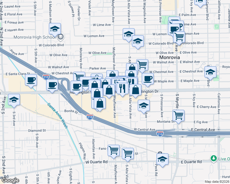 map of restaurants, bars, coffee shops, grocery stores, and more near West Huntington Drive & South Mayflower Avenue in Monrovia