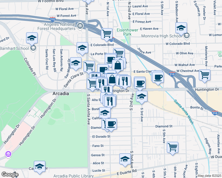 map of restaurants, bars, coffee shops, grocery stores, and more near 118 East Huntington Drive in Arcadia