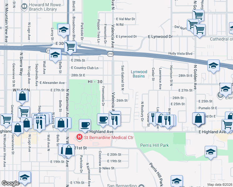 map of restaurants, bars, coffee shops, grocery stores, and more near 2681 Valencia Avenue in San Bernardino