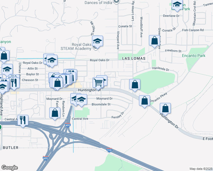 map of restaurants, bars, coffee shops, grocery stores, and more near 1100 Trails Lane in Duarte