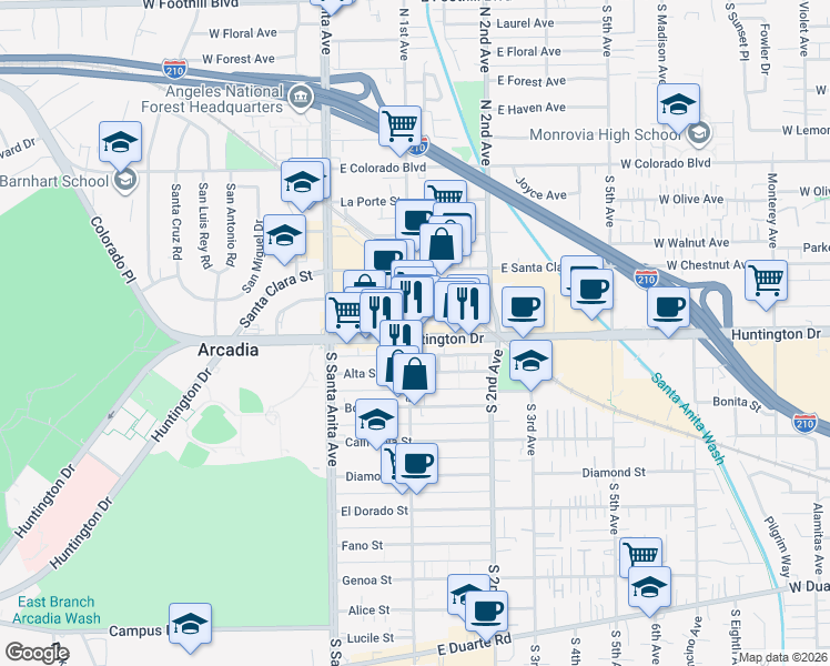 map of restaurants, bars, coffee shops, grocery stores, and more near 101 East Huntington Drive in Arcadia