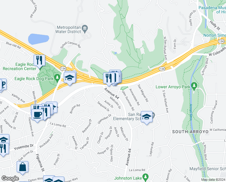 map of restaurants, bars, coffee shops, grocery stores, and more near 62 Avenue 64 in Pasadena