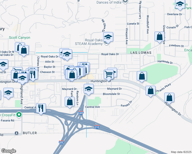 map of restaurants, bars, coffee shops, grocery stores, and more near 1120 Columbia Trail in Duarte