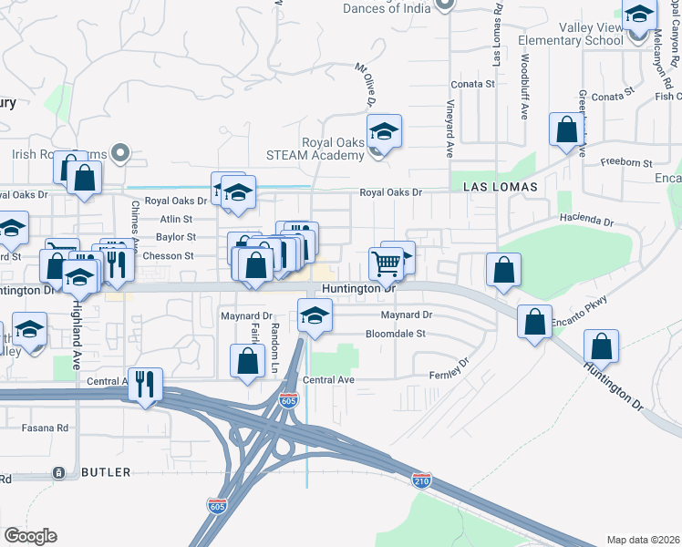 map of restaurants, bars, coffee shops, grocery stores, and more near 1120 Columbia Trail in Duarte