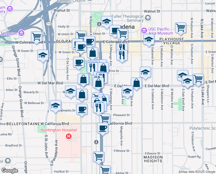 map of restaurants, bars, coffee shops, grocery stores, and more near 332 South Marengo Avenue in Pasadena
