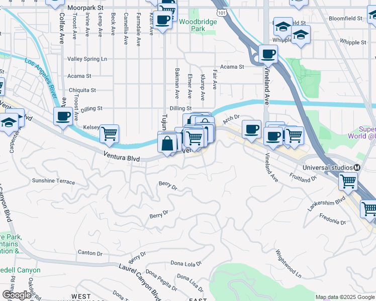 map of restaurants, bars, coffee shops, grocery stores, and more near 11331 Ventura Boulevard in Los Angeles