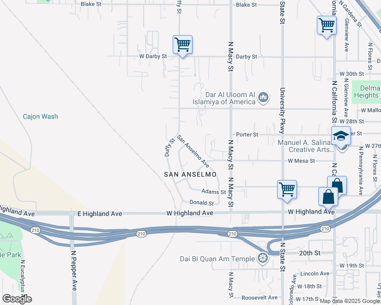 map of restaurants, bars, coffee shops, grocery stores, and more near 2682 San Anselmo Avenue in San Bernardino