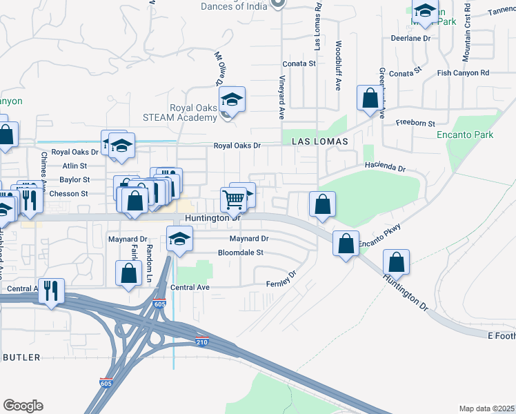 map of restaurants, bars, coffee shops, grocery stores, and more near 1100 Trails Lane in Duarte