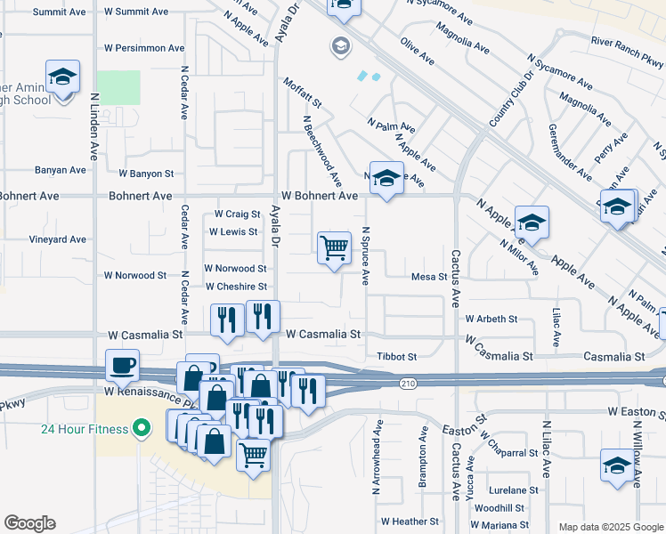map of restaurants, bars, coffee shops, grocery stores, and more near 970 West Norwood Street in Rialto