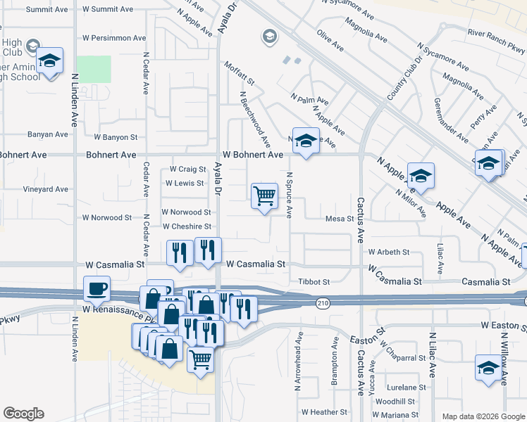 map of restaurants, bars, coffee shops, grocery stores, and more near 991 West Norwood Street in Rialto