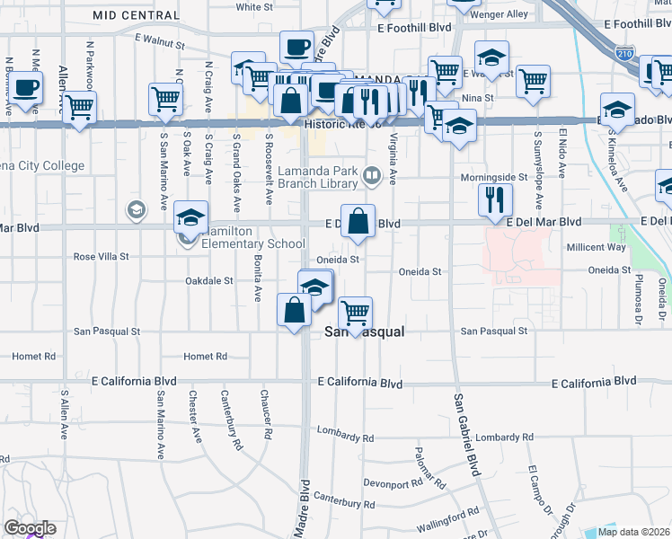 map of restaurants, bars, coffee shops, grocery stores, and more near 2428 Oneida Street in Pasadena