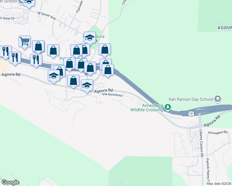 map of restaurants, bars, coffee shops, grocery stores, and more near 27929 Via Amistosa in Agoura Hills