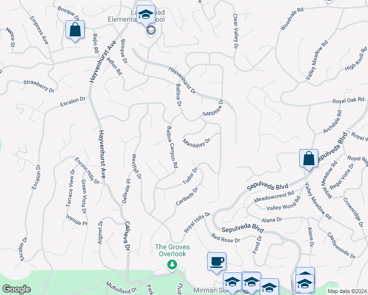 map of restaurants, bars, coffee shops, grocery stores, and more near 16350 Mandalay Drive in Los Angeles