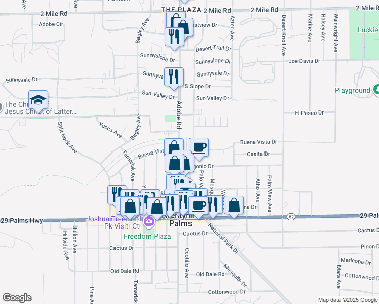 map of restaurants, bars, coffee shops, grocery stores, and more near Ocotillo Avenue in Twentynine Palms