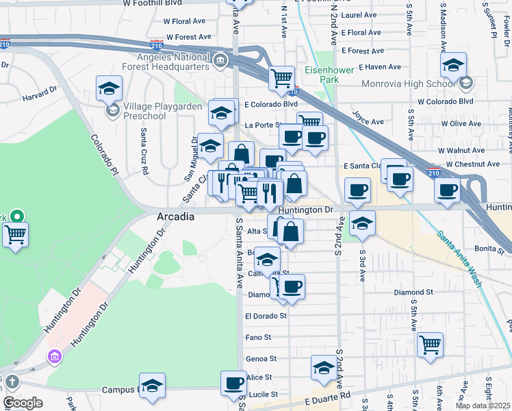 map of restaurants, bars, coffee shops, grocery stores, and more near 16 West Historic Route 66 in Arcadia