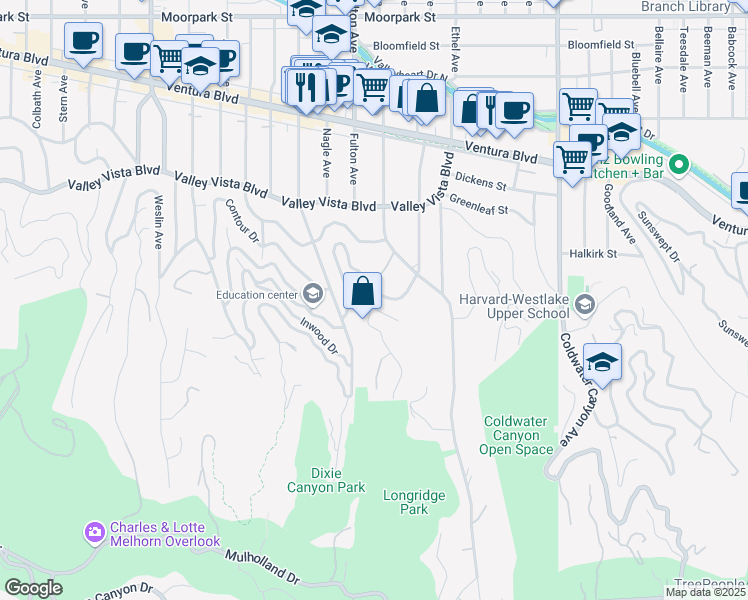 map of restaurants, bars, coffee shops, grocery stores, and more near 3828 Alomar Drive in Los Angeles