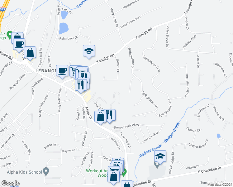 map of restaurants, bars, coffee shops, grocery stores, and more near 554 Fox Creek Crossing in Woodstock