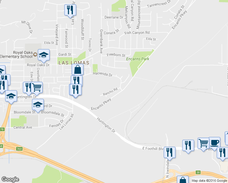 map of restaurants, bars, coffee shops, grocery stores, and more near 901 Vista Verde Circle in Duarte
