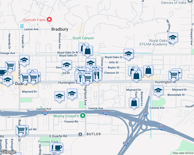 map of restaurants, bars, coffee shops, grocery stores, and more near 1849 East Huntington Drive in Duarte