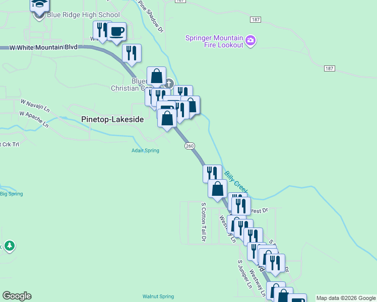 map of restaurants, bars, coffee shops, grocery stores, and more near 25 East White Mountain Boulevard in Pinetop-Lakeside