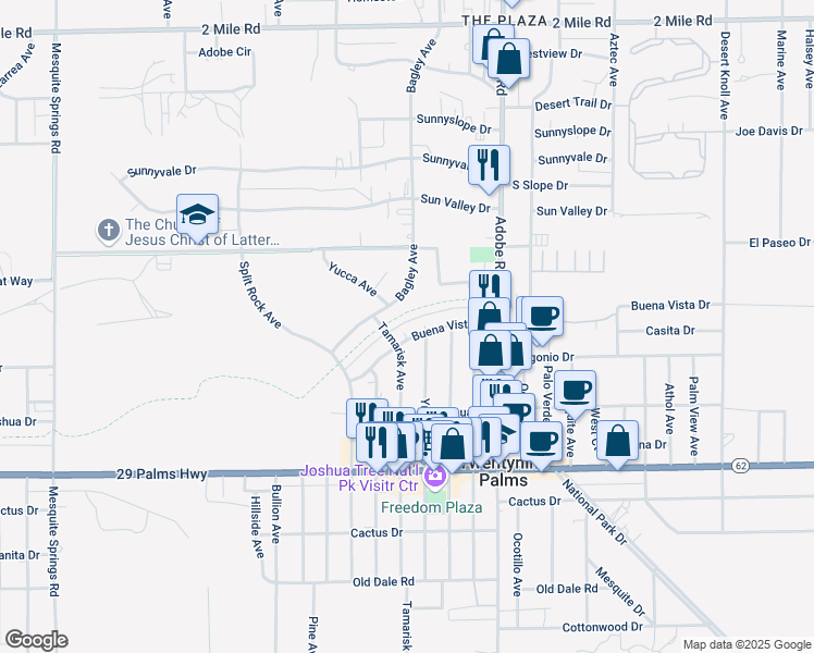 map of restaurants, bars, coffee shops, grocery stores, and more near 73522 Buena Vista Drive in Twentynine Palms
