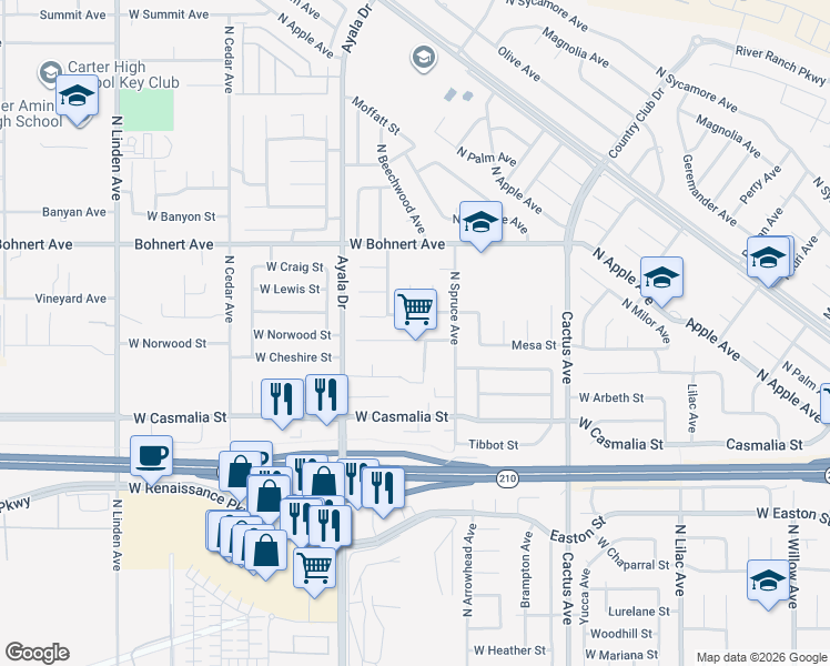 map of restaurants, bars, coffee shops, grocery stores, and more near 991 West Norwood Street in Rialto
